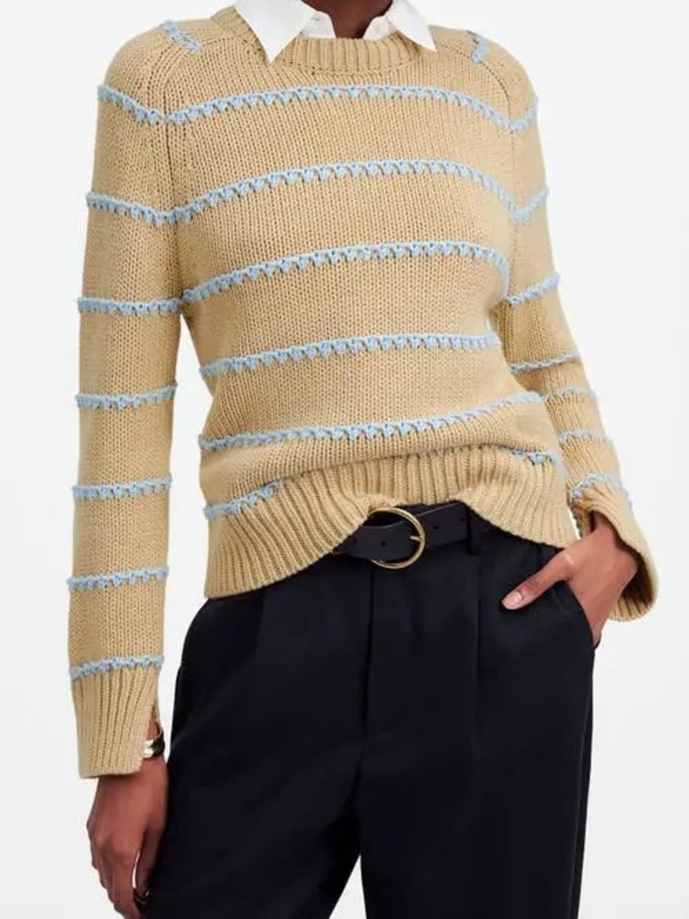 Madewell 100% Cotton Stripe Textured Sweater Beige Blue Women's Size M